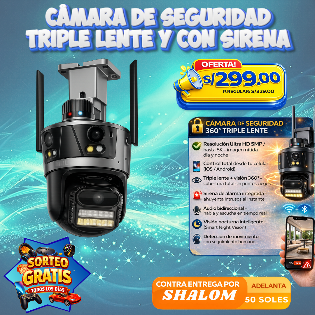 CÁMARA DE SEGURIDAD 360° TRIPLE LENTE CON SIRENA