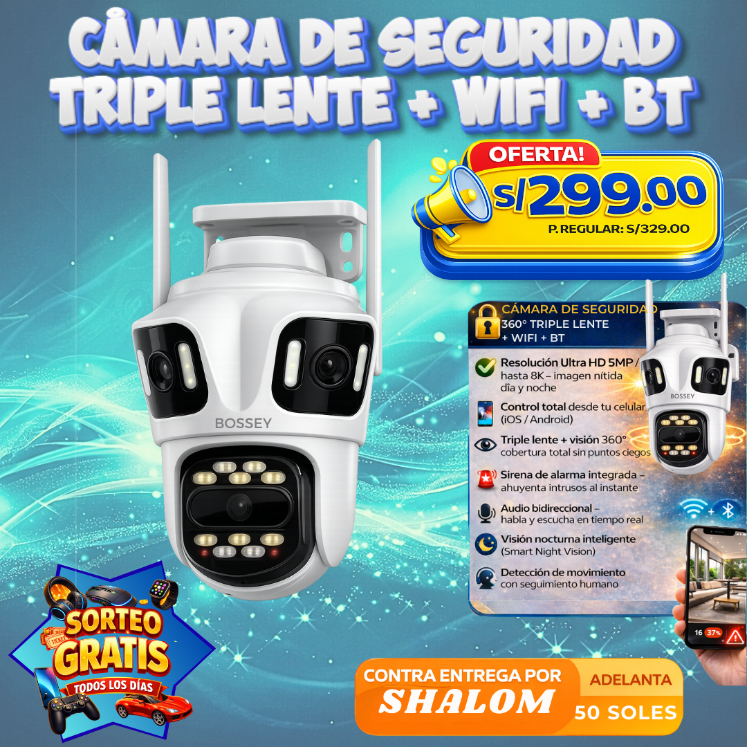 Cámara de Seguridad Triple Lente + WiFi + Bluetooth (360°)