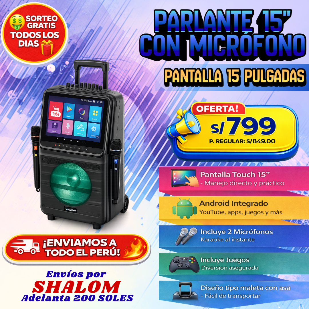 🔊 Parlante 15” con Micrófonos – Pantalla Touch 15”