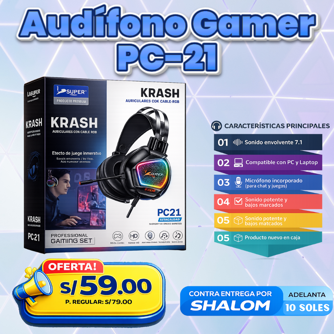 Audífono Gamer PC-21 KRASH RGB – Sonido 7.1 + Micrófono (PC/Laptop)
