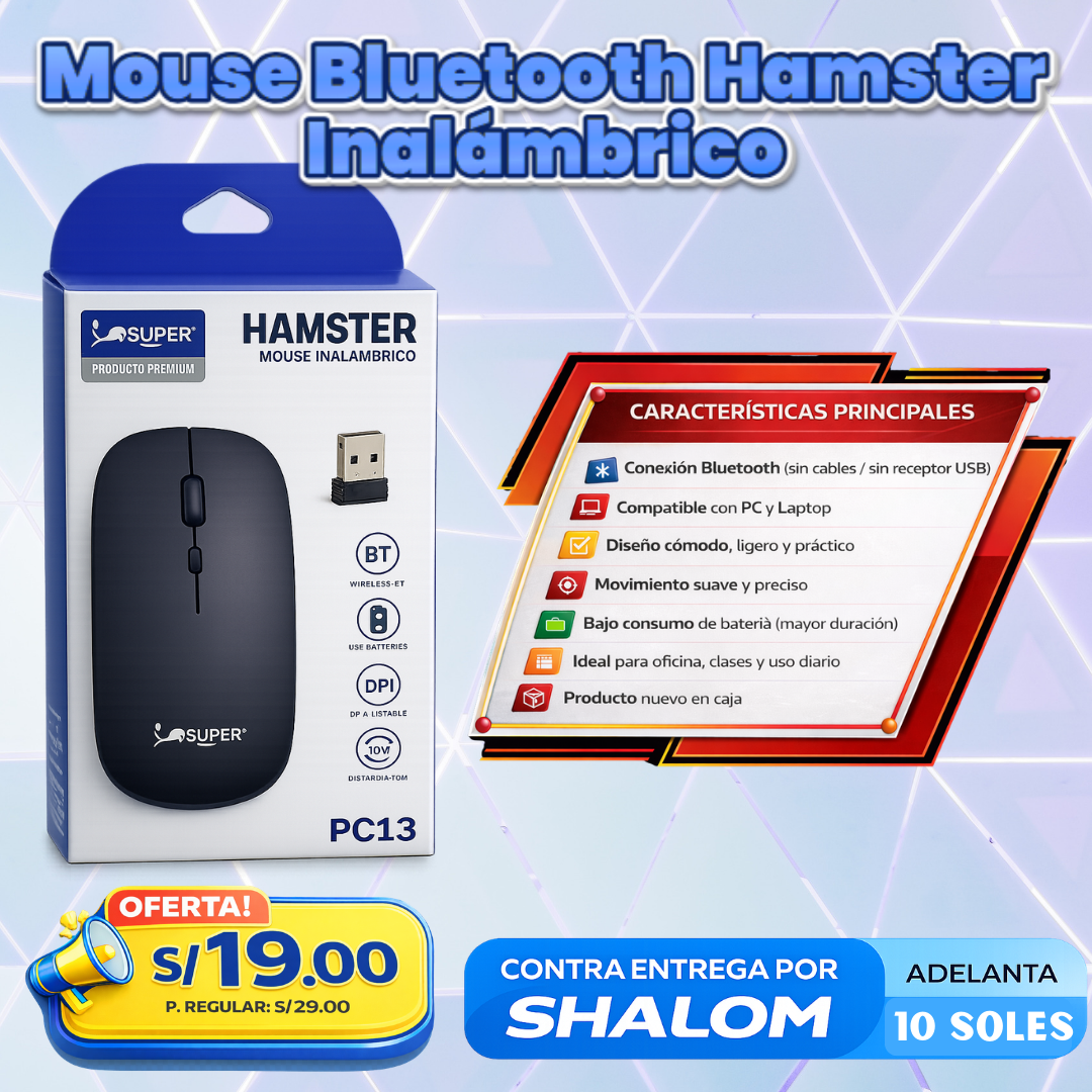 Mouse Bluetooth Hamster Inalámbrico PC13 – Cómodo, Ligero y Preciso