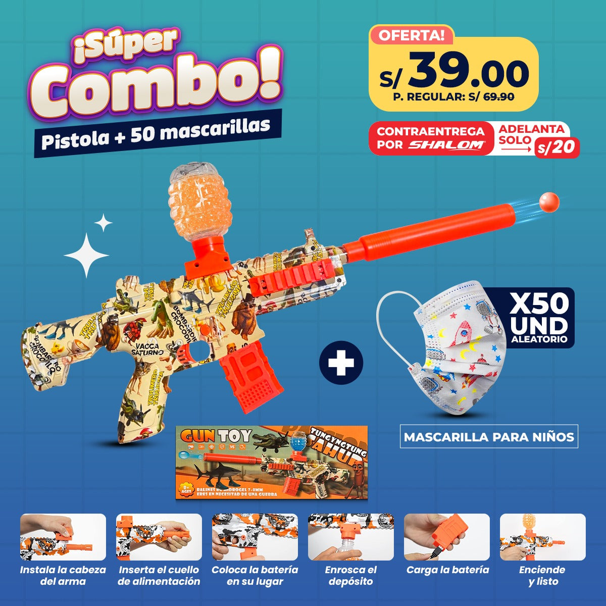 SÚPER COMBO: Pistola de Hidrogel + 50 Mascarillas para Niños