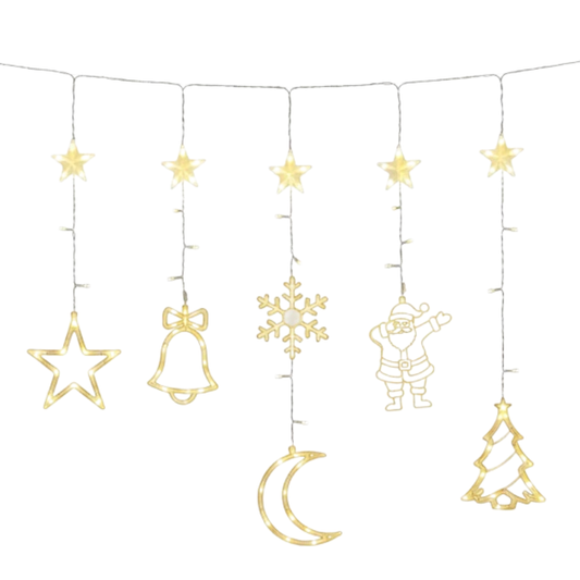 Cortina Navideña LED – Figuras Decorativas (Estrellas, Campana, Copo, Papá Noel, Luna y Árbol)
