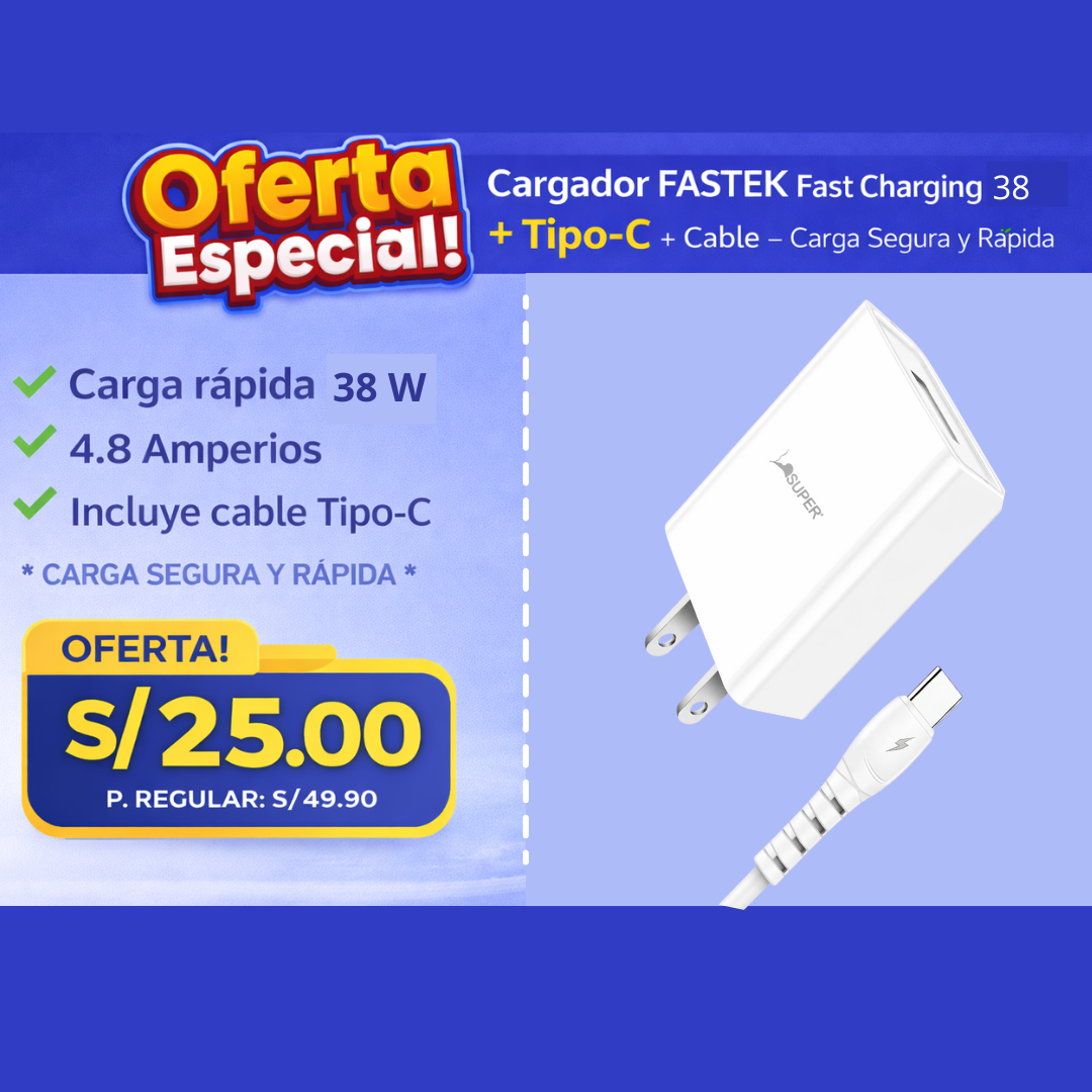 Cargador FASTEK Fast Charging 38W + Cable Tipo-C – Carga Rápida y Segura