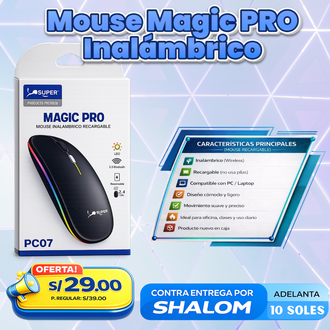 Mouse Magic PRO Inalámbrico Recargable PC07 – Cómodo, Preciso y Sin Pilas