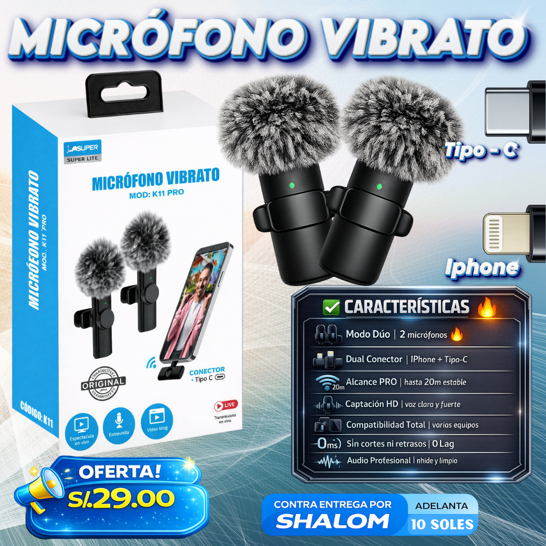 Micrófono Vibrato K11 PRO Inalámbrico (Modo Dúo) – Tipo C y iPhone