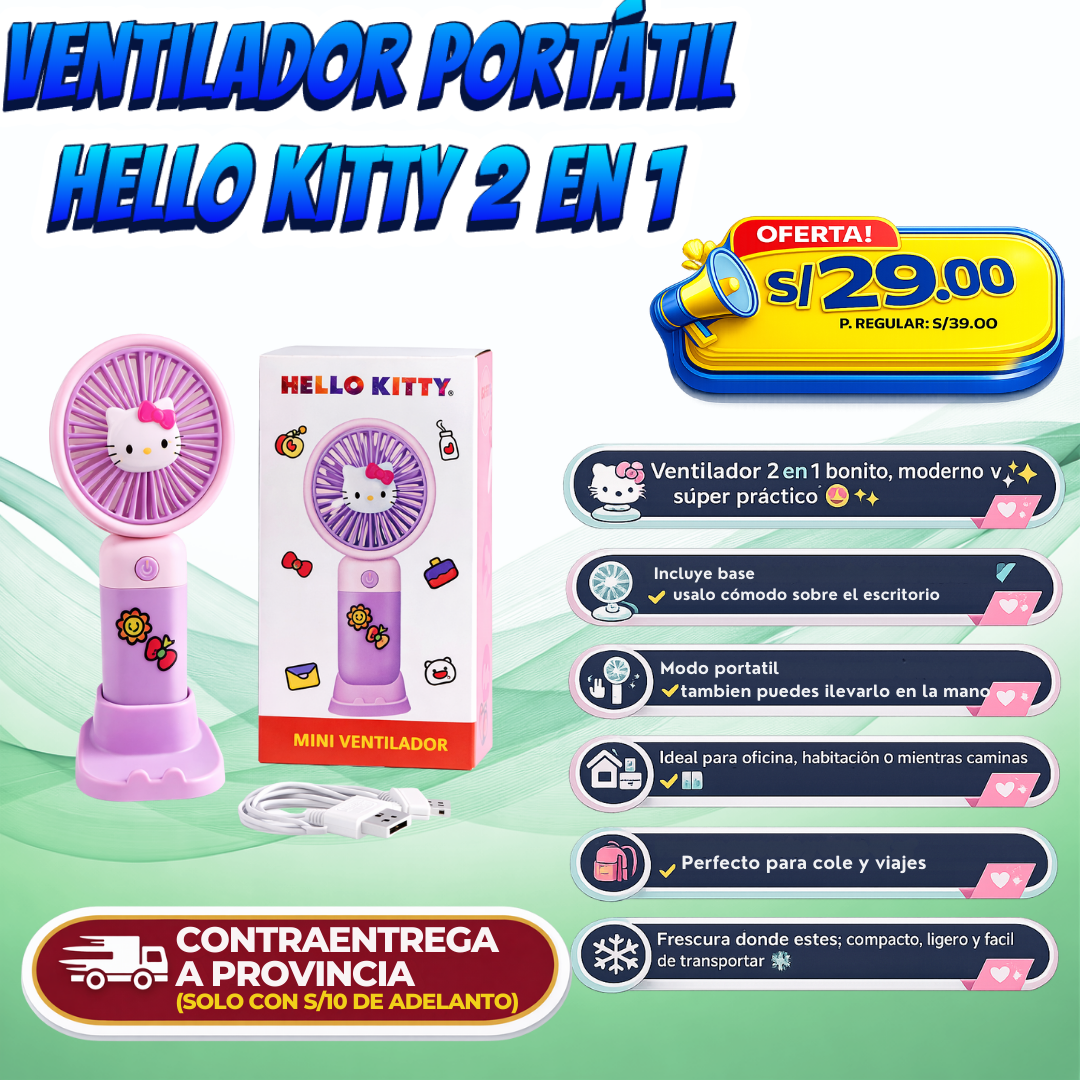 Ventilador Portátil Hello Kitty 2 en 1 – Lindo, Práctico y Súper Cómodo