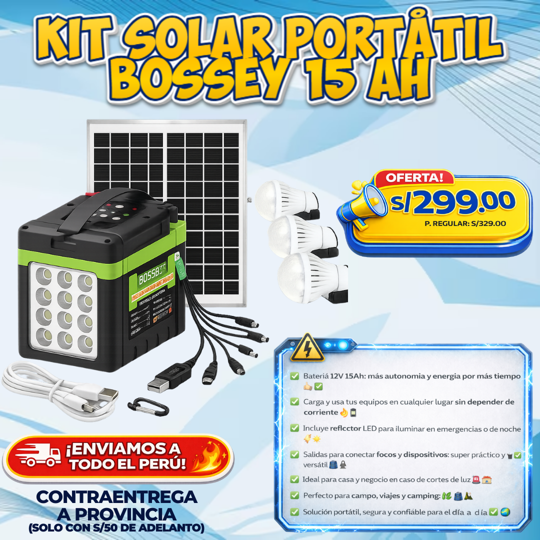 KIT SOLAR PORTÁTIL BOSSEY 15AH – Energía Segura Donde Estés