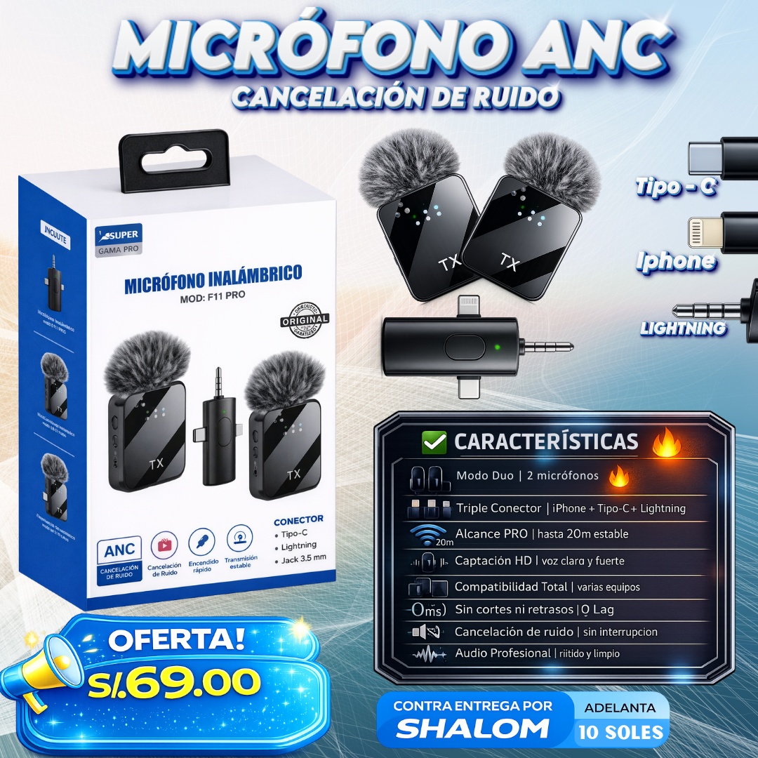 Micrófono Inalámbrico ANC F11 PRO – Cancelación de Ruido (Modo Dúo)