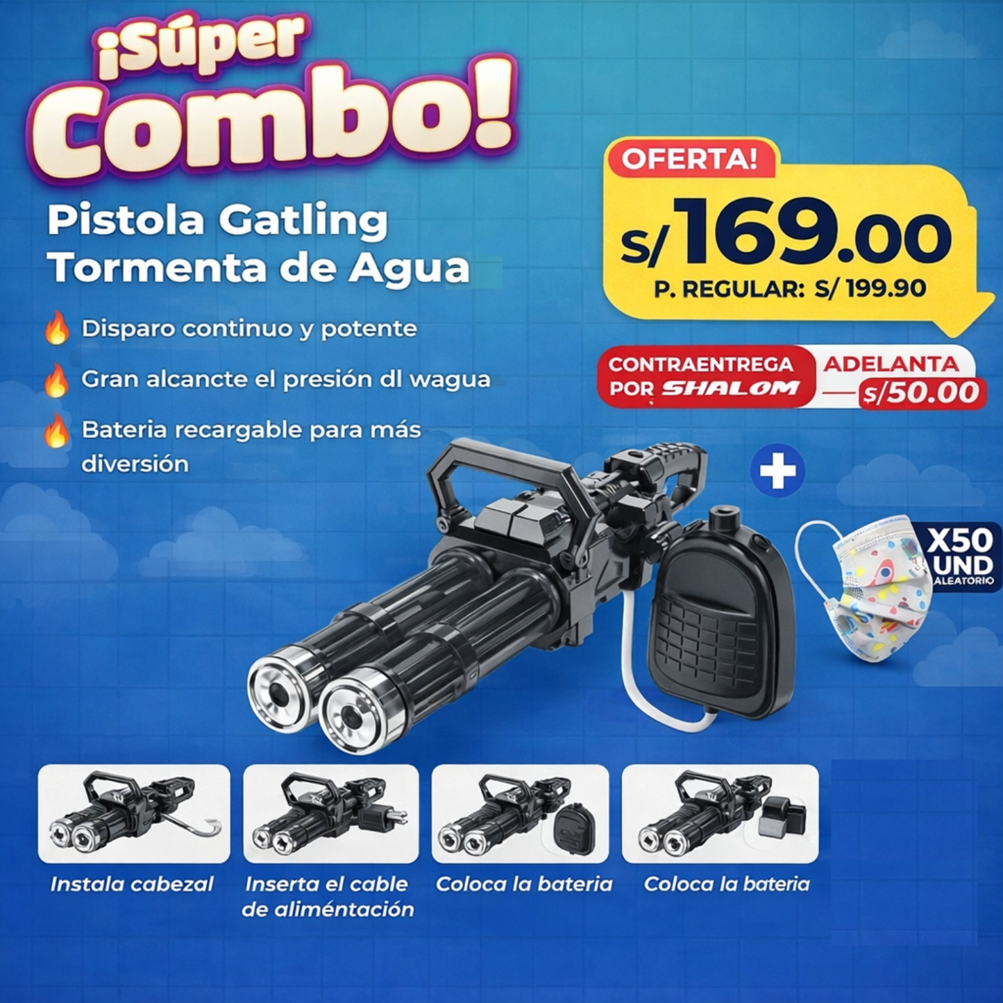 Pistola Gatling Tormenta de Agua Recargable (Súper Combo)