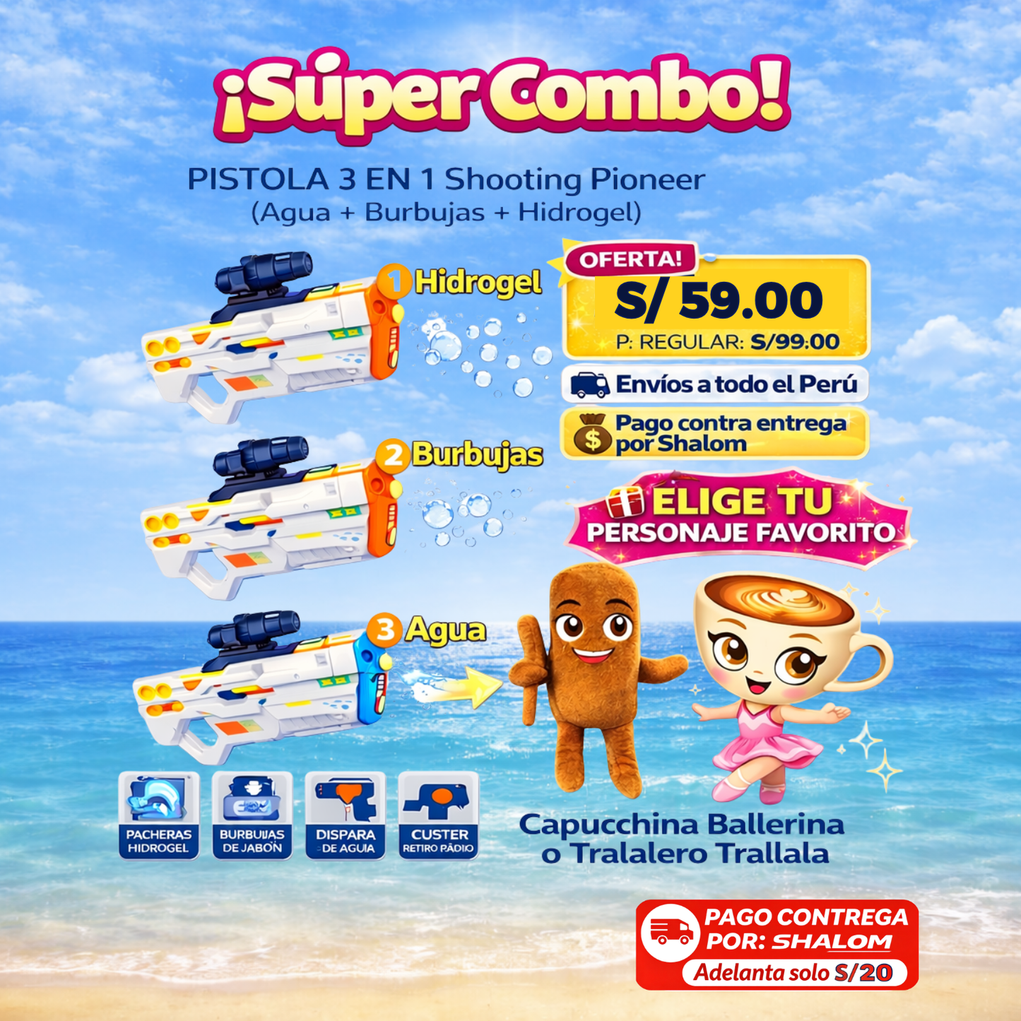 Pistola 3 en 1 Shooting Pioneer (Agua + Burbujas + Hydrogel)