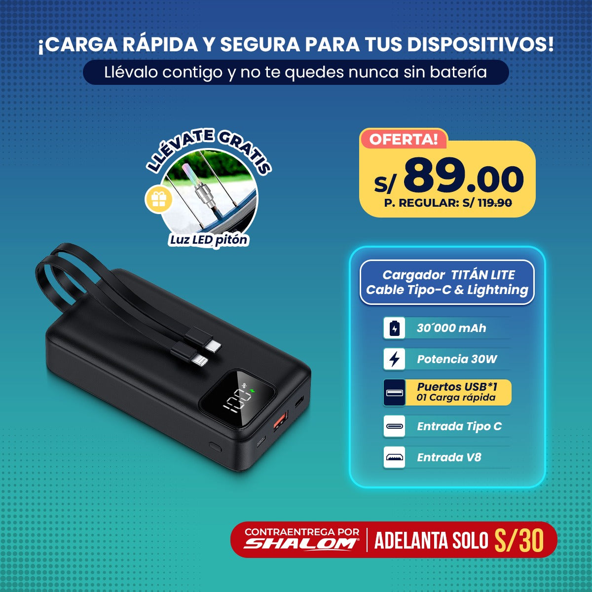 Cargador Portátil TITÁN LITE – 30,000 mAh / 30W de Potencia