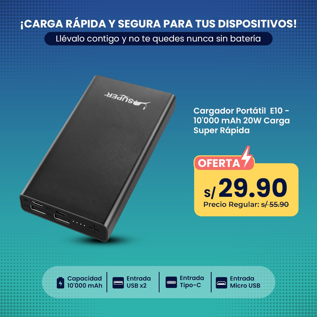 Cargador Portátil Power Bank E10 – 10,000 mAh, 20W carga rápida, USB y Tipo-C