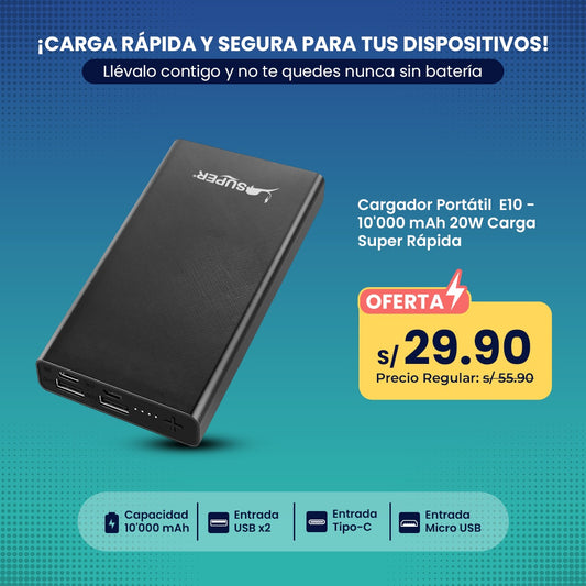 Cargador Portátil Power Bank E10 – 10,000 mAh, 20W carga rápida, USB y Tipo-C