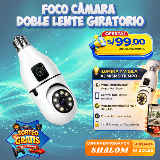 FOCO CÁMARA DOBLE LENTE GIRATORIO 360° – ILUMINA Y VIGILA TU HOGAR