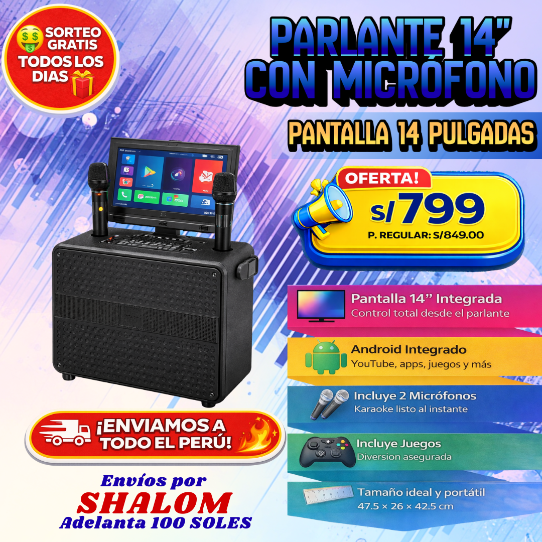 Parlante 14” con Pantalla y Micrófonos – Karaoke, música y diversión en un solo equipo