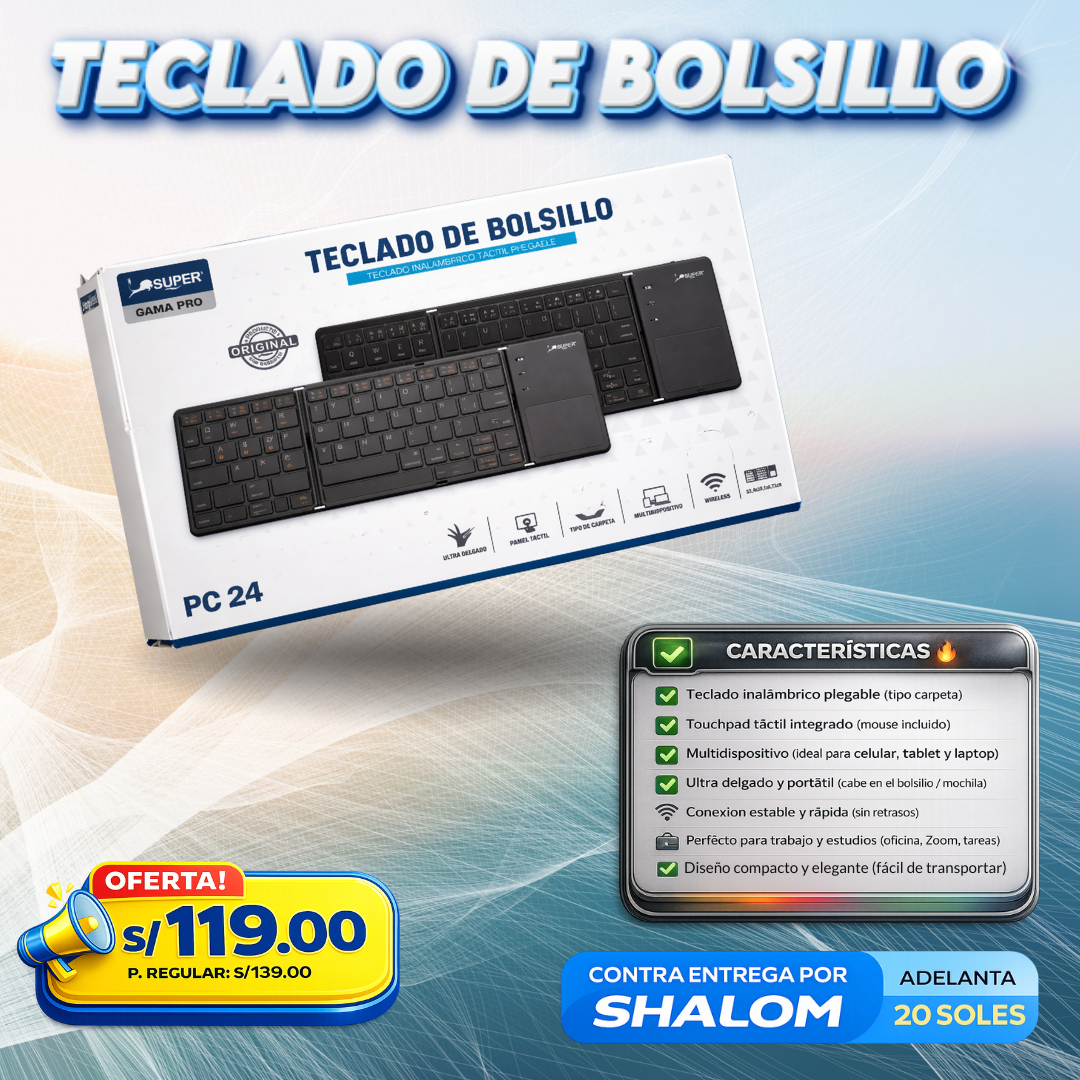 Teclado de Bolsillo Inalámbrico Plegable PC24 con Touchpad