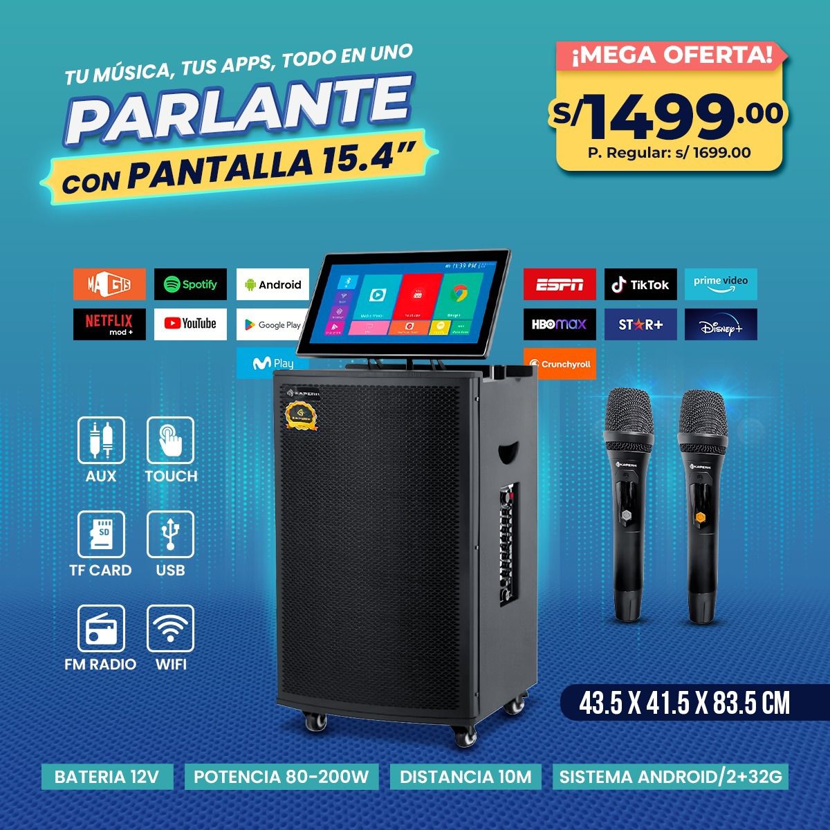 Parlante Profesional Kaperh con Pantalla Táctil 15.4” – Máxima Potencia y Entretenimiento Total