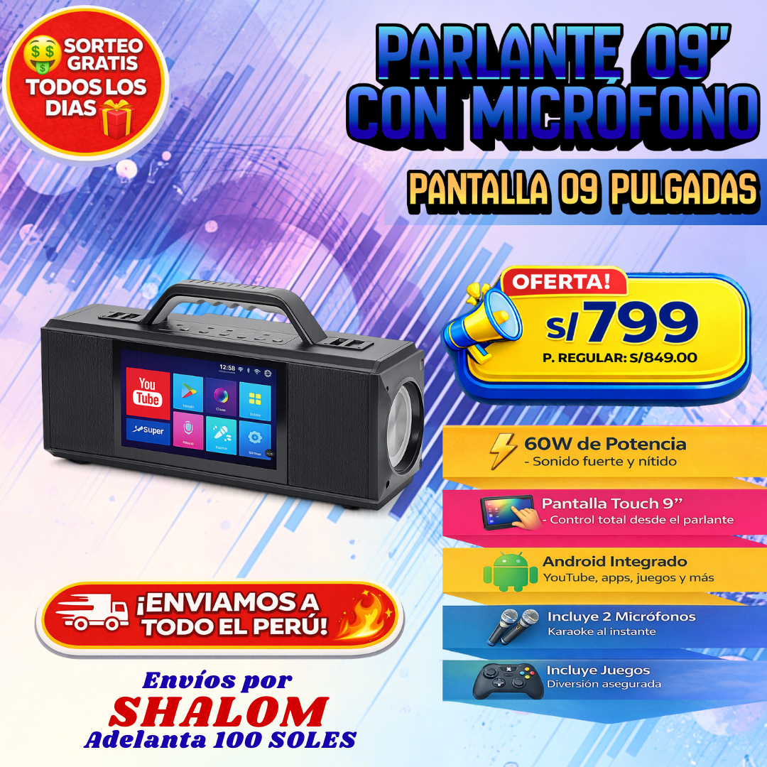 🔊 Parlante 09” con Micrófonos – Pantalla Touch 9”