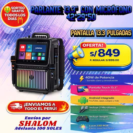 Parlante 13.3” con Pantalla Táctil y Micrófonos – Karaoke, música y show de luces en un solo equipo
