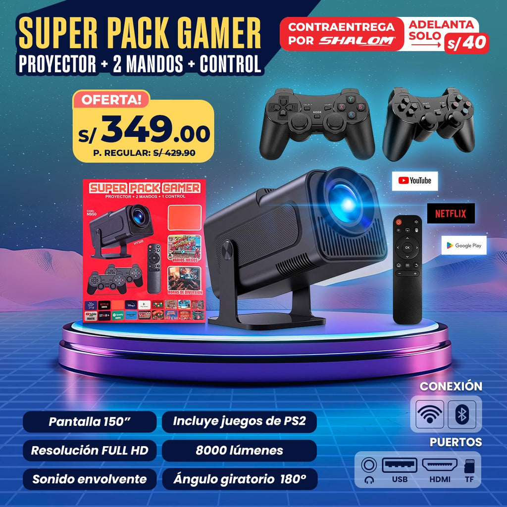 Super Pack Gamer – Proyector + 2 Mandos + Control