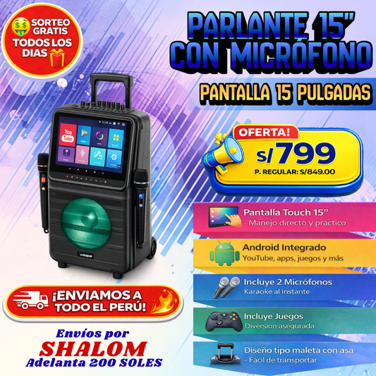 🔊 Parlante 15” con Micrófonos – Pantalla Touch 15”