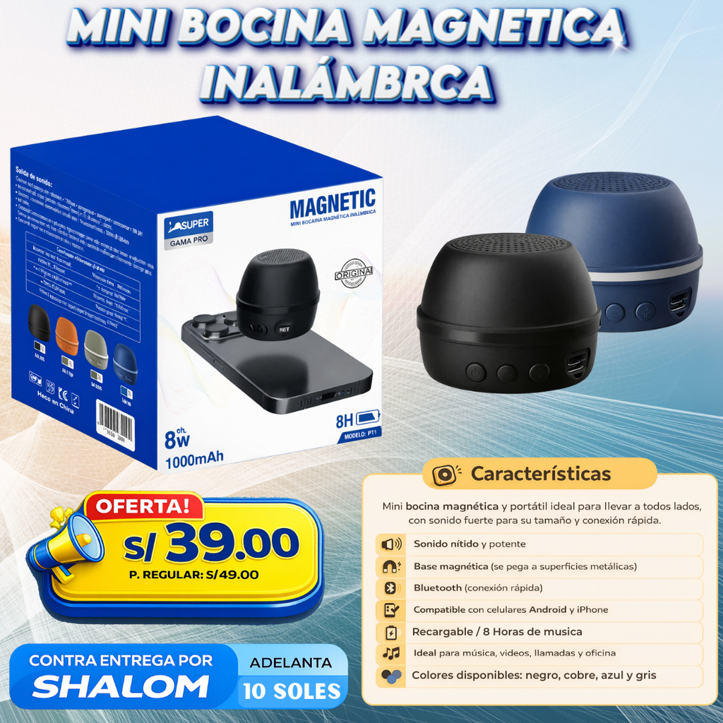 Mini Bocina Magnética Inalámbrica – Potente, Portátil y Recargable