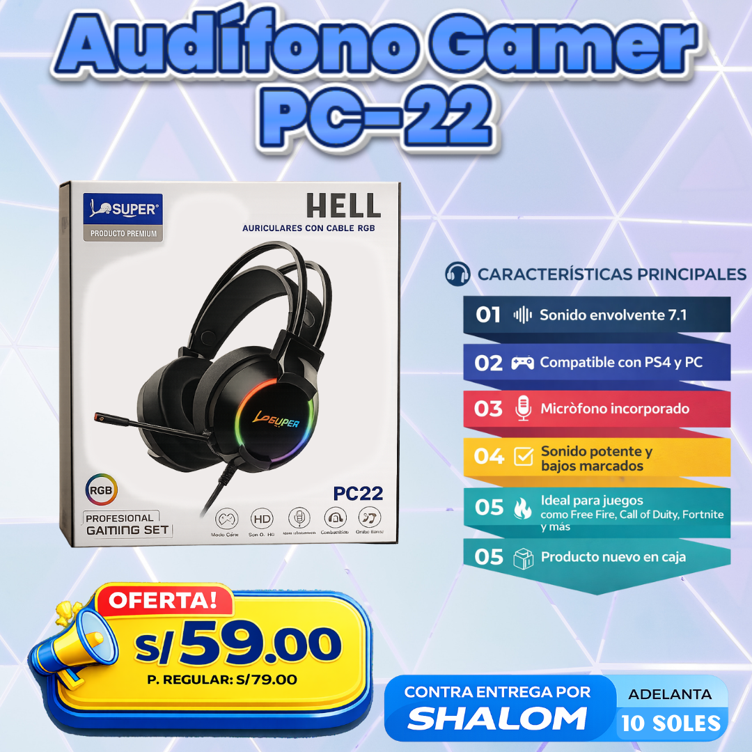 Audífono Gamer PC-22 HELL RGB – Sonido 7.1 + Micrófono (PS4 y PC)
