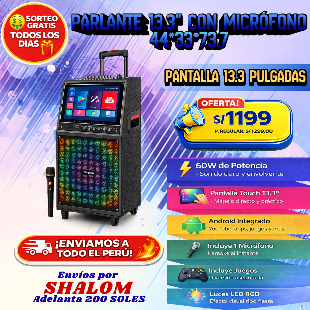 Parlante 13.3” con Pantalla, Android y Luces RGB – Más potencia, más show, más diversión