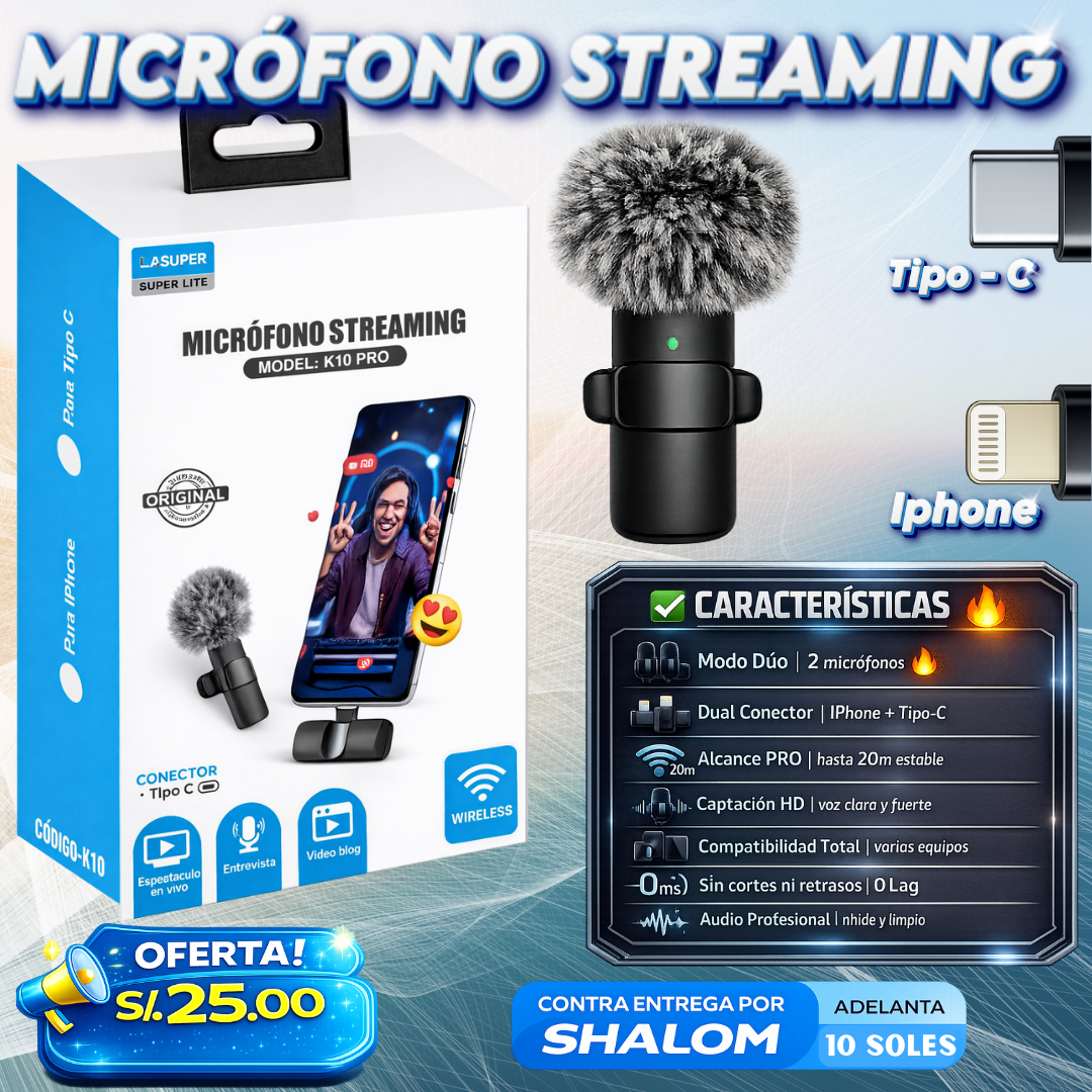 Micrófono Streaming Inalámbrico K10 PRO (Modo Dúo)