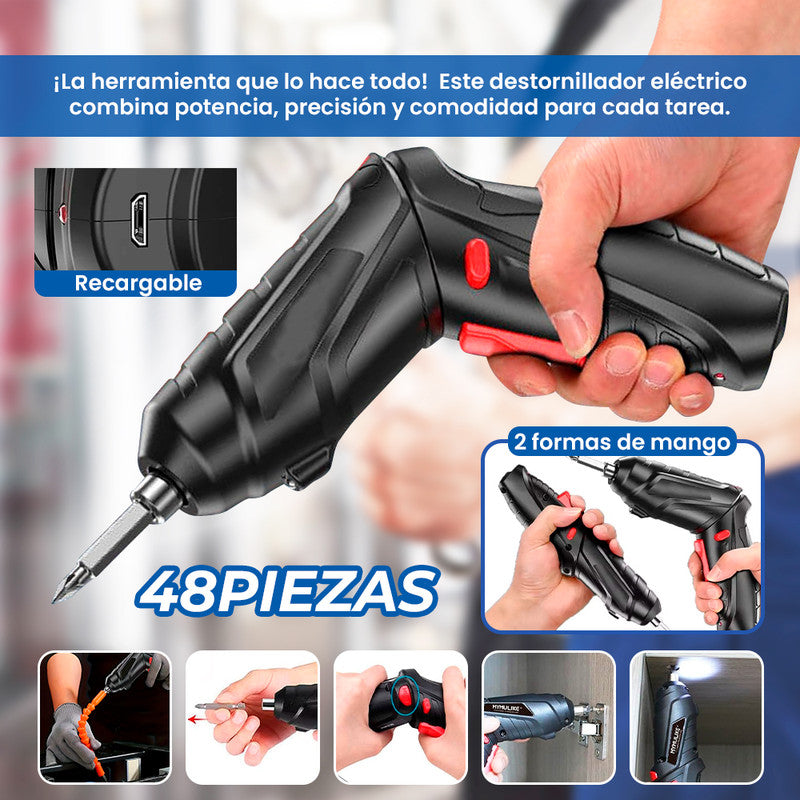 Taladro Atornillador Eléctrico con Kit de 48 Piezas Multifuncional