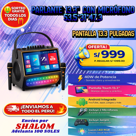 🔊 Parlante 13.3” con Micrófonos – Pantalla Touch Android