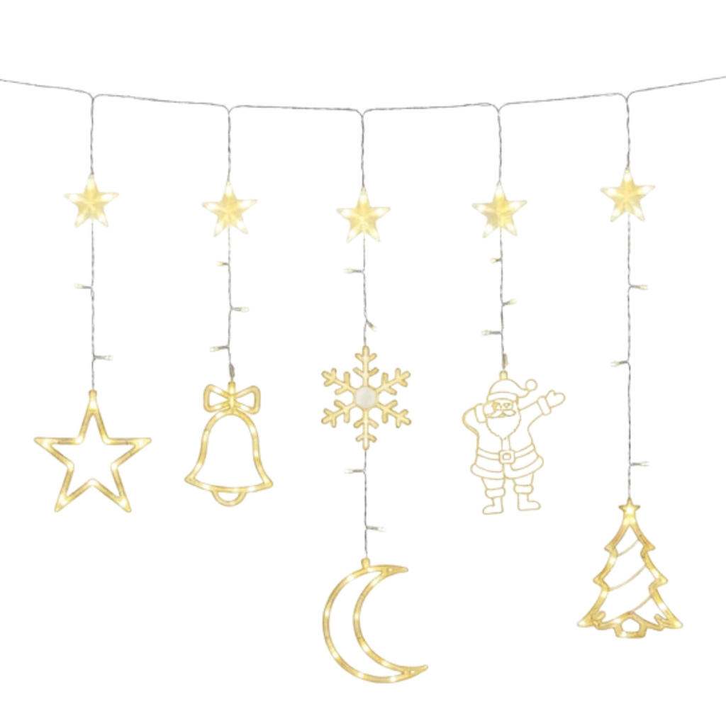 Cortina Navideña LED – Figuras Decorativas (Estrellas, Campana, Copo, Papá Noel, Luna y Árbol)