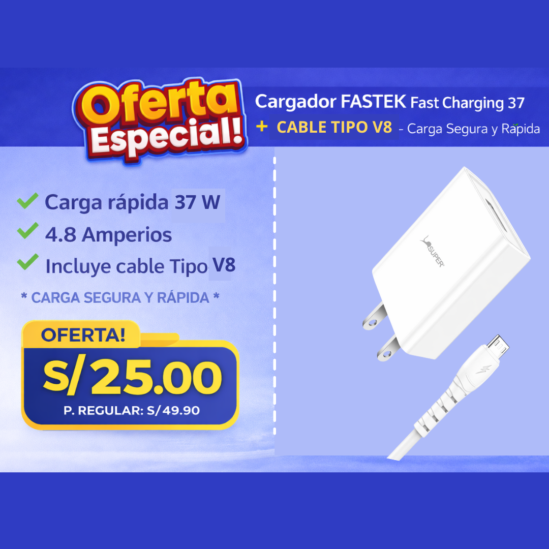Cargador FASTEK Fast Charging 37W + Cable Tipo V8 – Carga Rápida y Segura