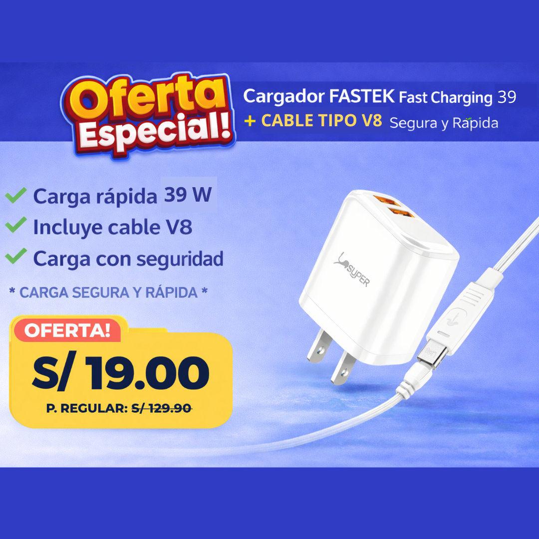 Cargador FASTEK Fast Charging 39W + Cable Tipo V8 – Carga Rápida y Segura