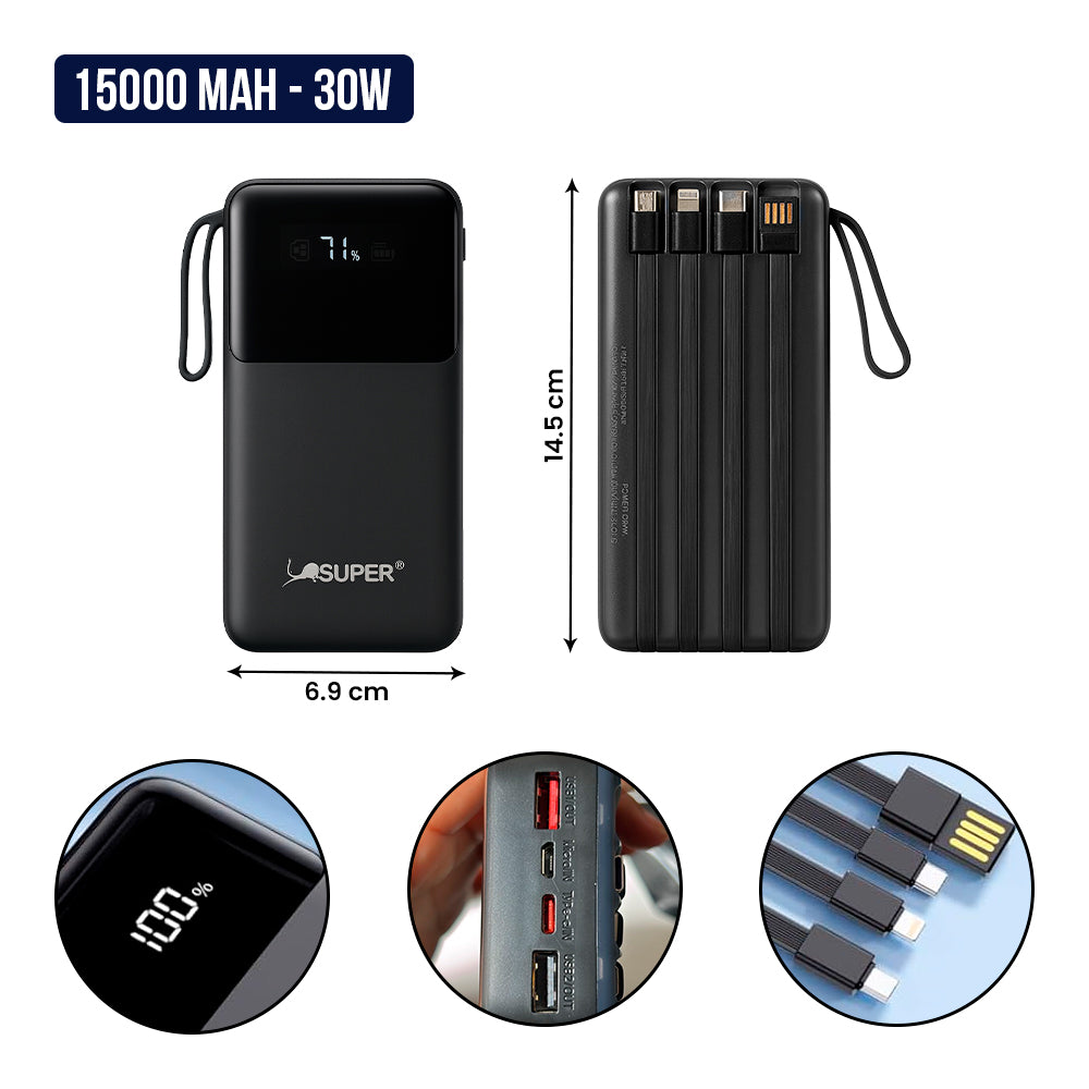 Cargador Portátil Digital 15000mAh / 4EN1 30W CARGA RÁPIDA
