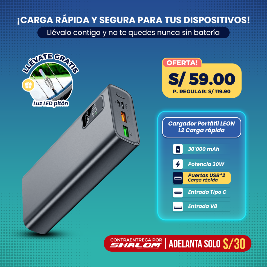Cargador Portátil LEON L2 – 30,000 mAh | 30W Carga Rápida