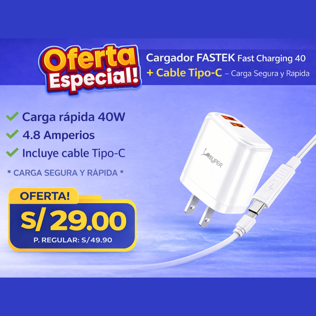 Cargador FASTEK Fast Charging 40W + Cable Tipo-C – Carga Súper Rápida y Segura