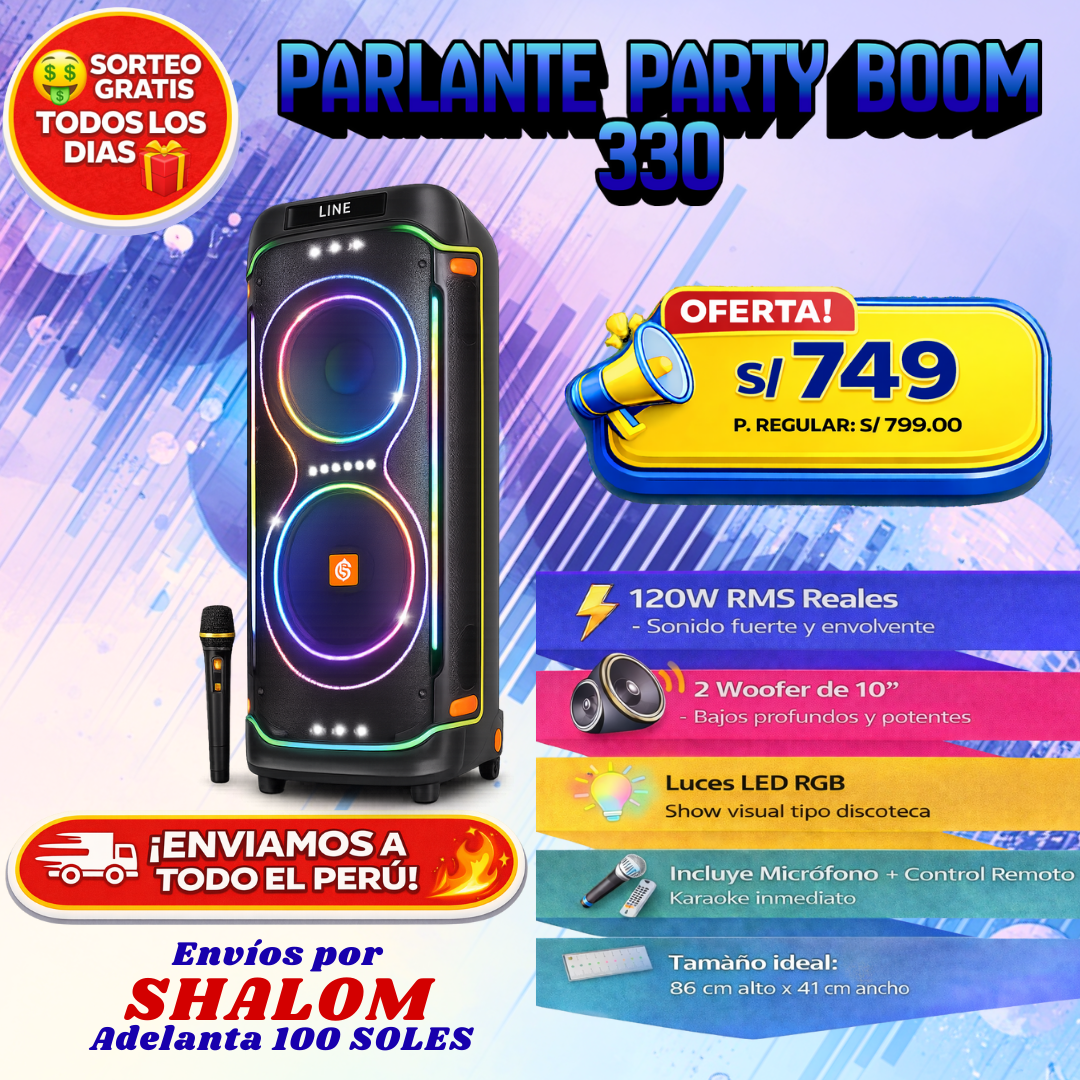 🔊 Parlante Party Boom 330 – 120W reales, doble woofer y luces tipo discoteca
