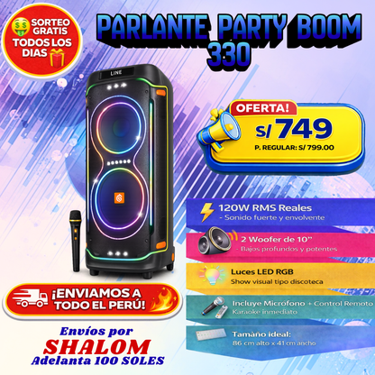 🔊 Parlante Party Boom 330 – 120W reales, doble woofer y luces tipo discoteca