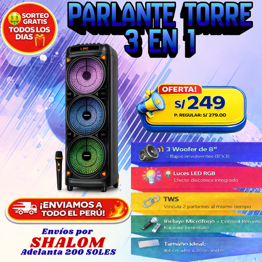 🔊 Parlante Torre 3 en 1 – Triple woofer, luces RGB y karaoke al instante
