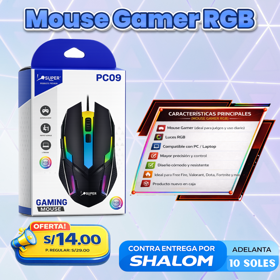 Mouse Gamer RGB PC09 – Precisión, Estilo y Control para Jugar Mejor