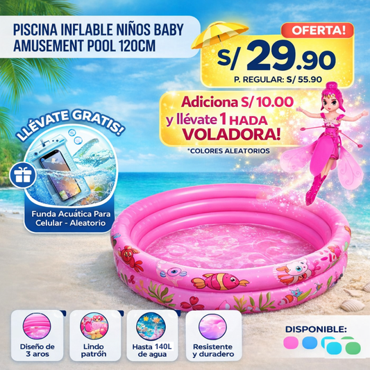 Piscina Inflable para Niños – 120 cm (140 L) Rosada con Peces