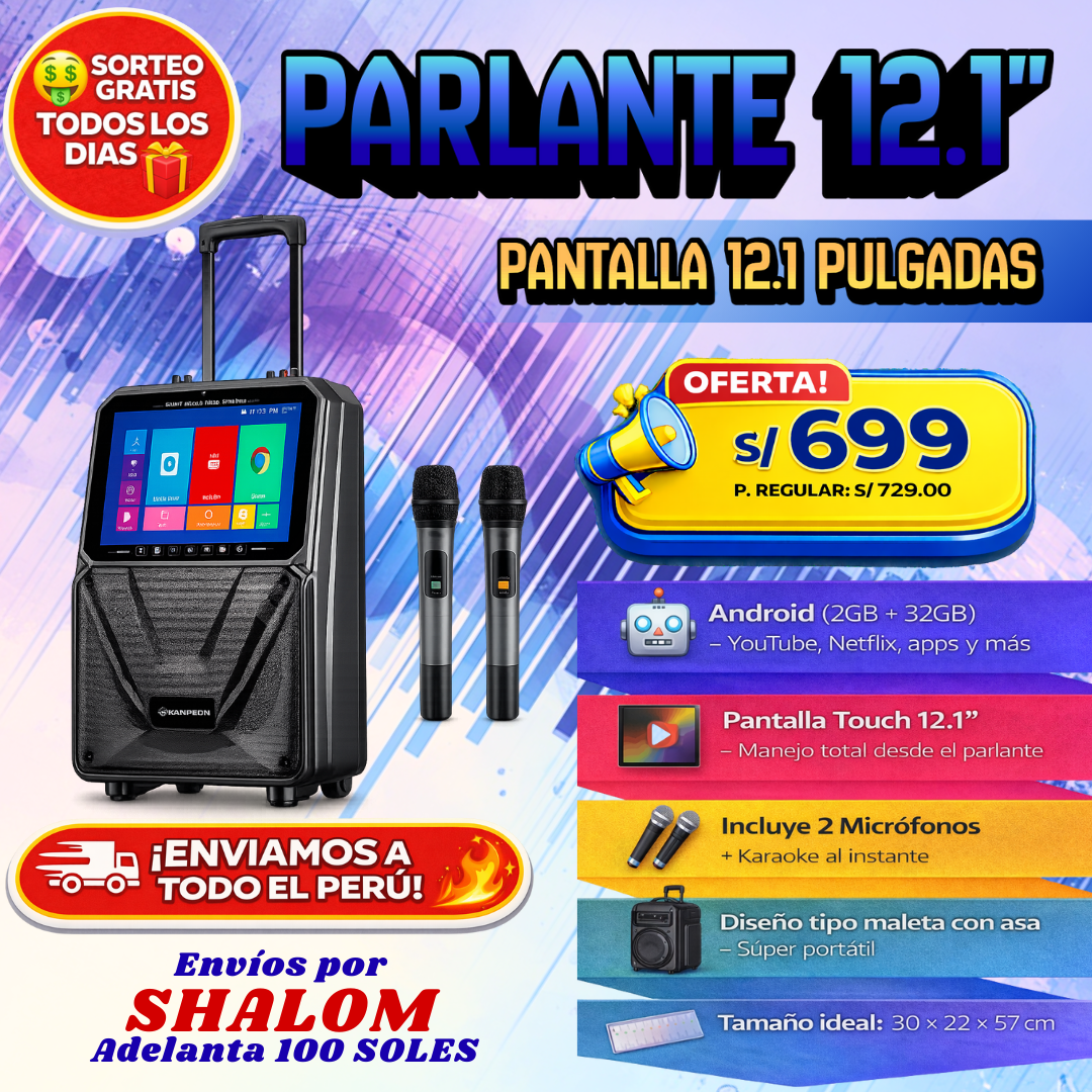Parlante 12.1” con Pantalla Touch, Android y 2 Micrófonos – Karaoke y entretenimiento total