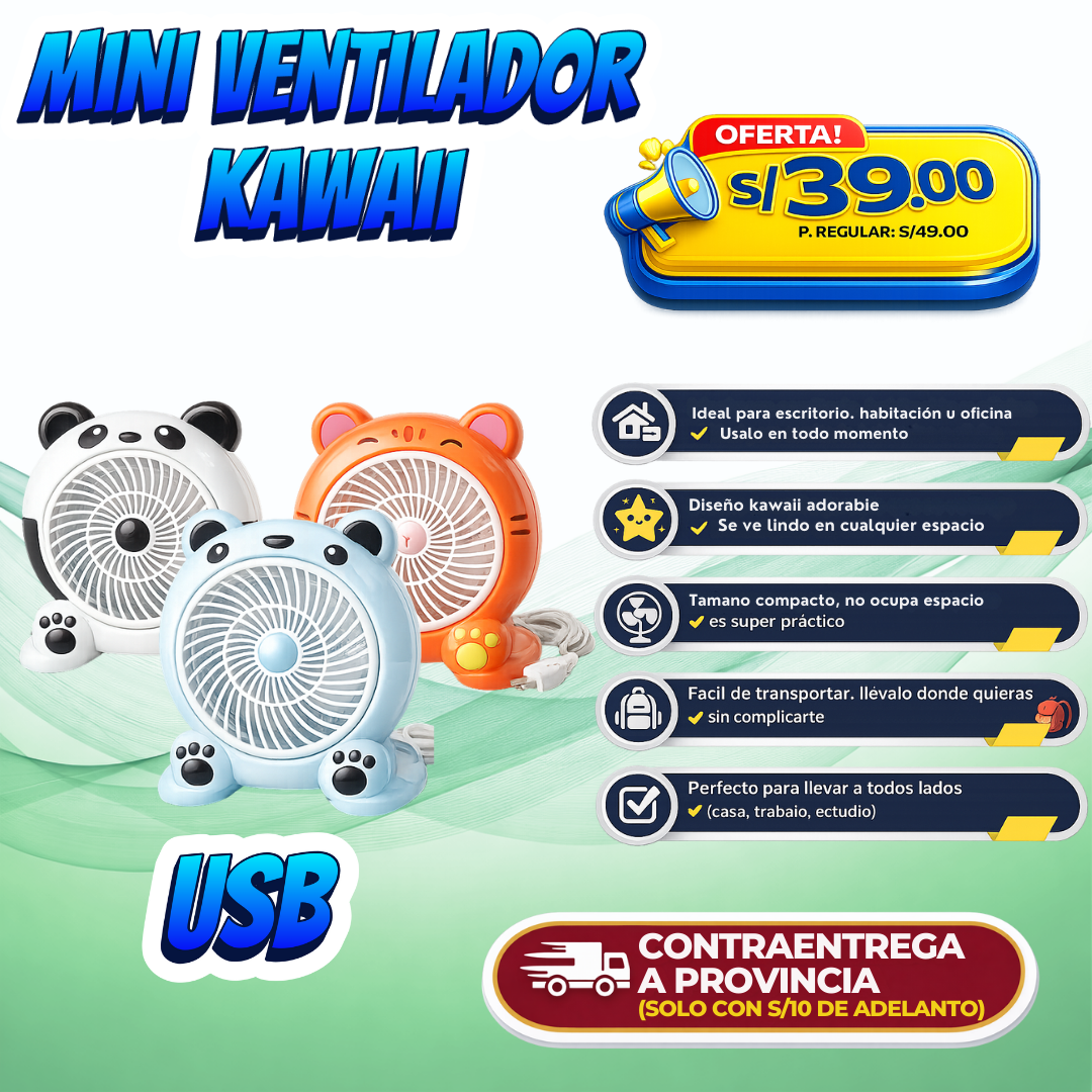 Mini Ventilador Kawaii USB – Fresquito, Portátil y Súper Adorable