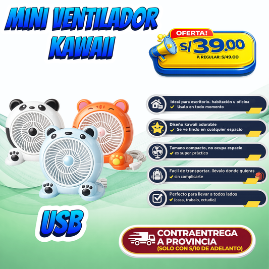 Mini Ventilador Kawaii USB – Fresquito, Portátil y Súper Adorable