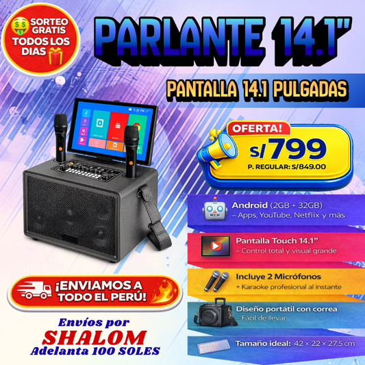 Parlante 14.1” con Pantalla Touch, Android y 2 Micrófonos – Karaoke profesional y entretenimiento total
