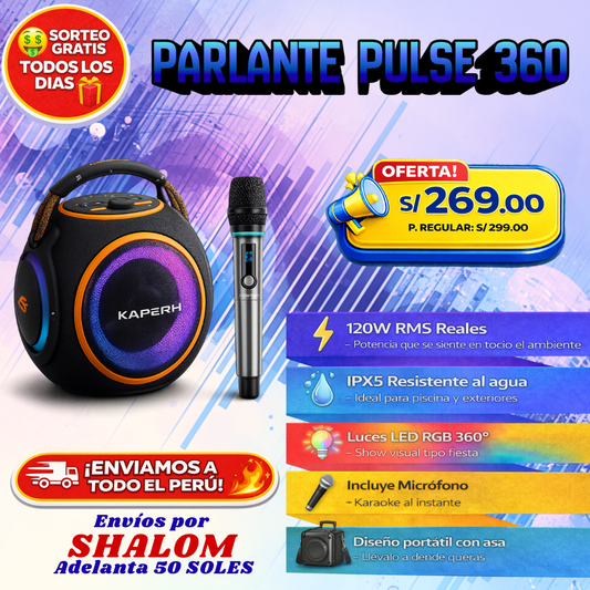 Parlante Pulse 360 – Potencia 120W, luces 360° y resistente al agua