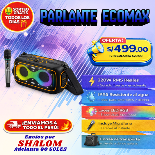 Parlante Ecomax – 220W reales, resistente al agua y con luces RGB
