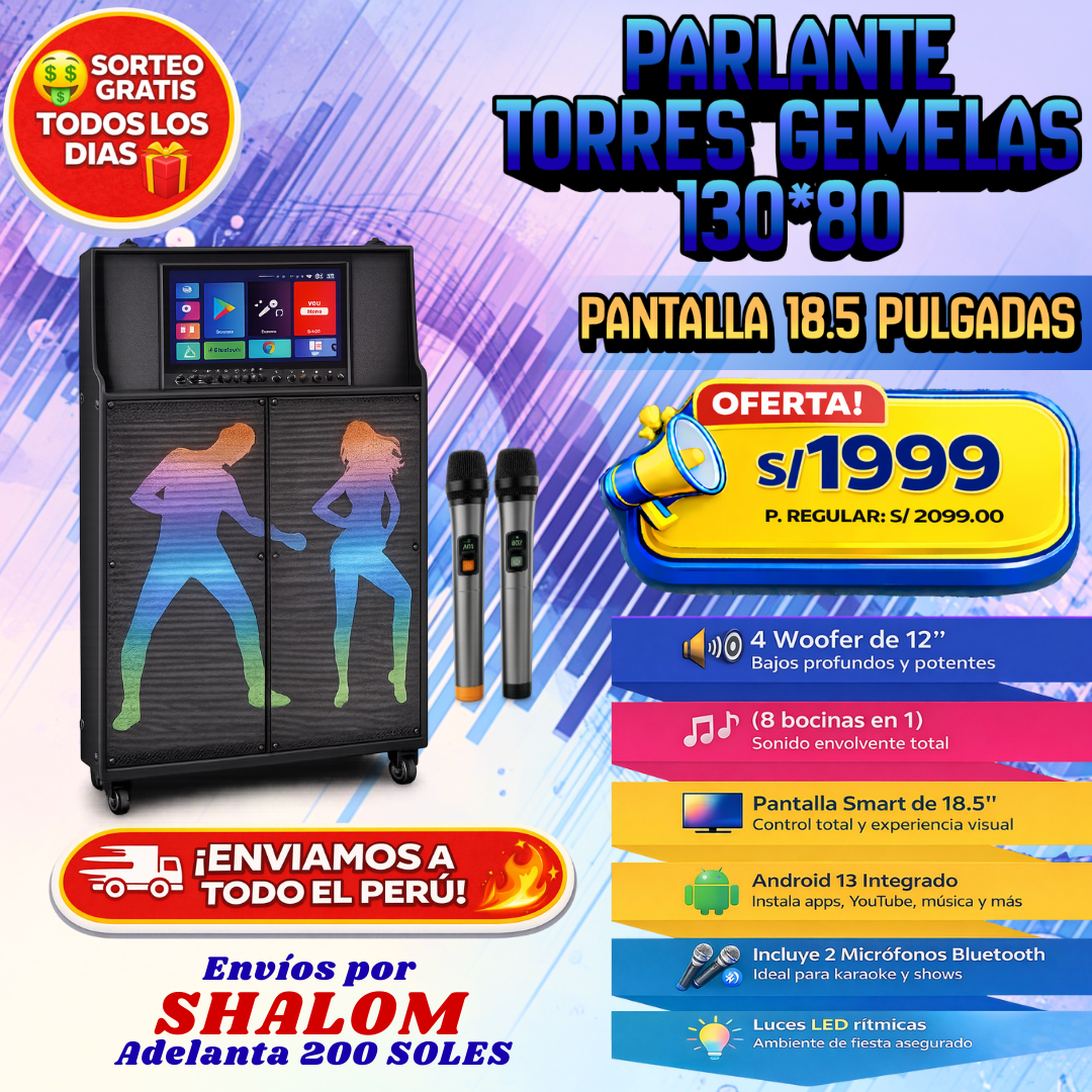 Parlante Torres Gemelas 130×80 con Pantalla Smart 18.5” – El show completo en un solo equipo